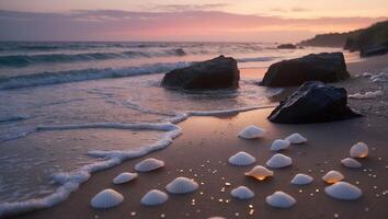 Seashells on Sandy Beach at Sunset with Calm Ocean Waves photo