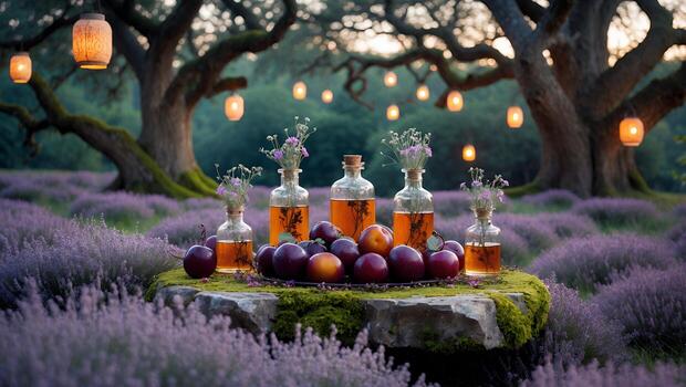 Lavender Field with Fruit Display Under Lanterns in Peaceful Setting photo