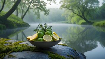 Lemons and Limes in Bowl by Lake with Mossy Stone photo