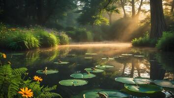 Foggy Pond Landscape with Lily Pads and Golden Sunlight Streaks photo