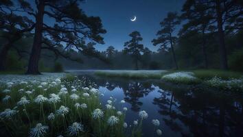 Tranquil Night Scene River Reflecting Trees and Moon with Wildflowers photo