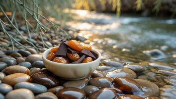 Chocolate and Dried Apricots in Bowl by River with Pebbles photo