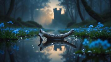 Floating Antler in Forest Pool Reflecting Medieval Castle at Dawn photo