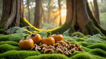 Persimmons and Walnuts on Mossy Forest Floor with Sunlight photo