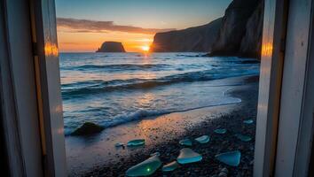 Viewing Ocean Sunset Through Doorway with Sea Glass on Beach photo