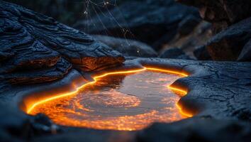 brillante agua piscina en oscuro rock formación con telaraña encima foto