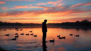 Person Standing in Lake with Ducks at Vibrant Sunset Scenery photo