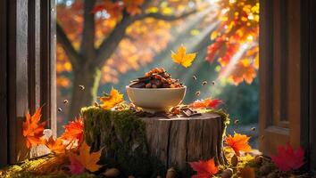Bowl with Chocolate and Nuts on a Log in Autumn Scenery photo