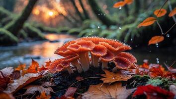 Cluster of Mushrooms with Water Droplets in an Autumn Forest Scene photo