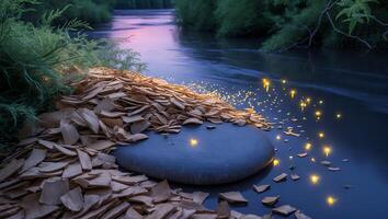 Riverbank Landscape with Rock and Sparkling Lights at Twilight Time photo