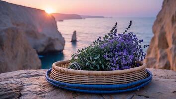 Lavender Bouquet in Basket on Rock Overlooking Ocean at Sunset photo
