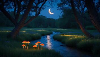 Glowing Mushrooms by Stream Under Crescent Moon in Forest at Night photo