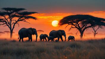 Elephant Family Walking Through Savanna During Sunset with Trees photo