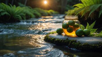 Lime Infusion in Jar Placed by River at Sunset with Ferns photo
