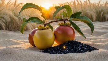 Arrangement of Fruit and Black Granules on Sand at Sunset photo