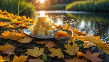 Arrangement of Cubed Sweets and Shredded Pastry by Pond with Leaves photo