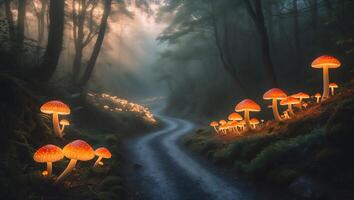 Glowing Mushrooms Along a Misty Forest Path at Sunrise photo