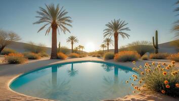 Serene Desert Oasis Scene Palm Trees Reflecting in Pool Water photo