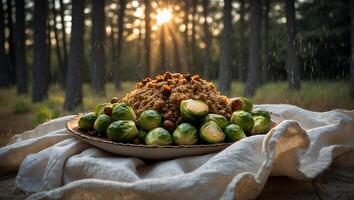 Plate of Sprouts and Grains in Forest with Sunlight Filter photo