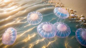 Jellyfish Floating in Shallow Water Near a Sandy Beach Shoreline photo