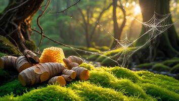 Turmeric and Honeycomb on Moss in Forest with Cobweb Sunlight photo