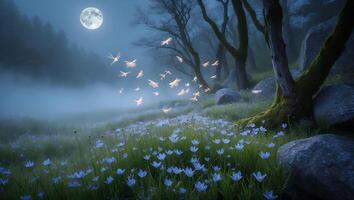 Magical Forest Meadow with Flying Lights and Full Moon Night photo