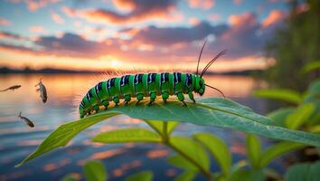 Caterpillar Crawling on Leaf by Lake at Sunset with Colorful Sky photo