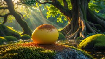 Yellow Object Resting on Mossy Rock in Sunlit Forest Stream photo