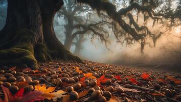 Walking Through Forest with Autumn Leaves and Acorns on Ground photo