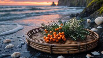 Rowan Berries and Coastal Flora on Tray at Ocean Sunset photo