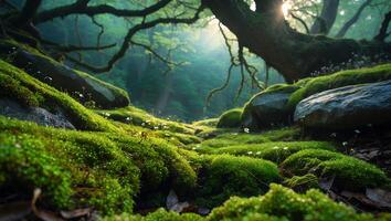 Lush Green Moss Forest Floor with Sunlit Trees and Rocks photo