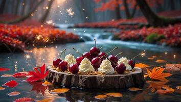 Cherries and Cream on Log in Autumn Stream Setting photo