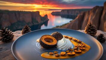 A dessert on a plate with a view of the sunset photo