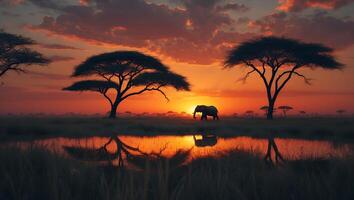 Elephant Walking at Golden Sunset in Savanna with Water Reflection photo