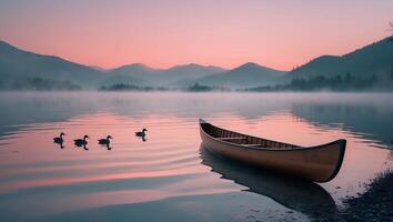 Canoe on Misty Lake at Sunrise with Ducks and Mountain Views photo