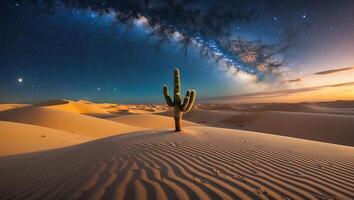 Cactus Standing Tall in Desert Landscape Under Night Sky photo