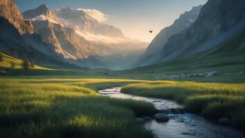 Stream Flowing Through Mountain Valley with Meadow and Bird Flying photo