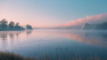 Calm Lake at Dawn with Foggy Mist and Pastel Sky Reflection photo