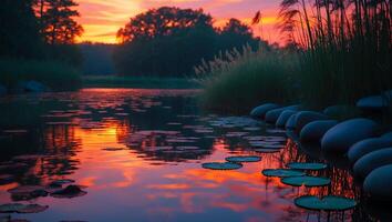 Calm Lake Reflection at Sunset with Lily Pads and Stones photo