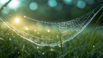 Dew Drops on Spiderweb in Grassy Meadow Under Sunlight photo