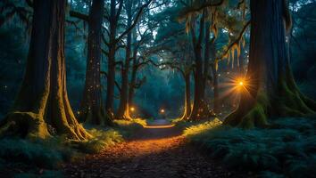 Walking Path Through Glowing Forest with Light and Mossy Trees photo