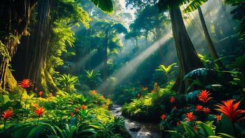 Stream Flowing Through Lush Tropical Forest with Sun Rays Shining Through photo