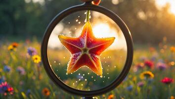 Holding a Star-shaped Flower with Water Droplets in a Meadow photo