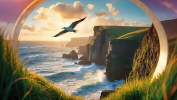 Seagull Flying Over Ocean Cliffs at Sunset Framed by Circular Portal photo