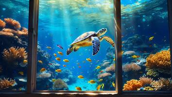 Turtle Swiming Underwater Through Open Window with Coral Reef View photo