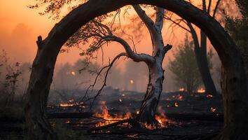 Forest Fire Burning with Intense Flames Around Trees at Sunset photo