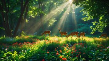 Deer Grazing in Sunlit Meadow with Wildflowers in Scenic Forest photo