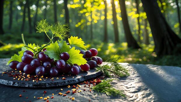 Grapes with Dill on Slate Slab in Sunlit Forest photo