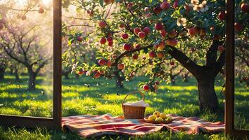 Having Picnic with Ripe Apples Under Blooming Trees in Orchard photo