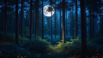 Enchanted Forest with Glowing Light and Full Moon Shining Above photo
